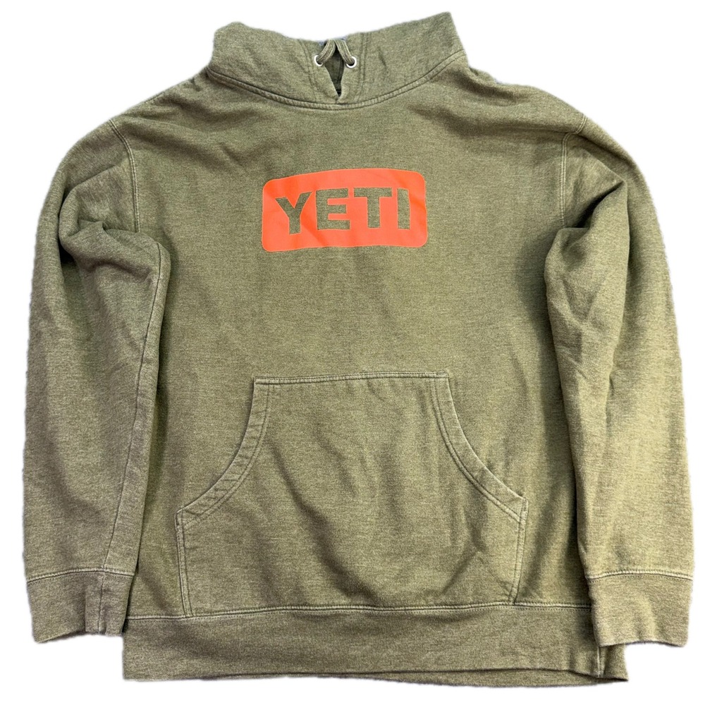 YETI Hoodie Mens Large Green Orange Logo Pullover Sweatshirt Graphic Fleece